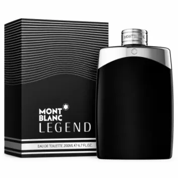 2x Mont Blanc Legend EDT Spray for Men, 200ml XL bottles displayed alongside their black and white retail packaging featuring a curved line design.