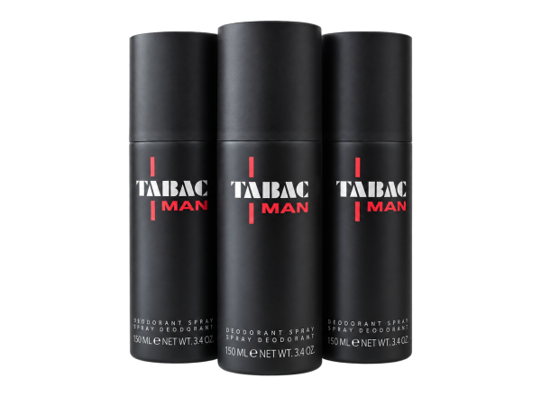 Three black sticks of Mäurer & Wirtz Tabac Man deodorant, each 75 ml, are standing upright side by side on a white background.
