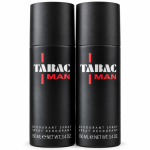 Three black cans of Mäurer & Wirtz Tabac Man Deodorant Spray, each 150 ml, are standing upright side by side on a plain white background.