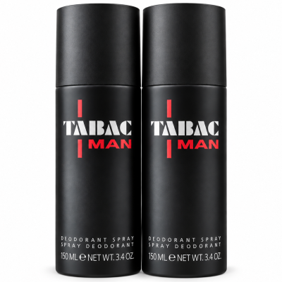 Three black cans of Mäurer & Wirtz Tabac Man Deodorant Spray, each 150 ml, are standing upright side by side on a plain white background.