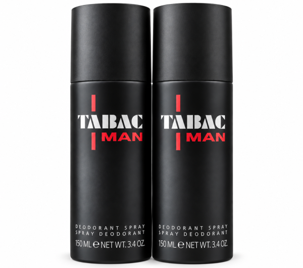 Three black cans of Mäurer & Wirtz Tabac Man Deodorant Spray, each 150 ml, are standing upright side by side on a plain white background.