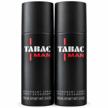 Three black cans of Mäurer & Wirtz Tabac Man Deodorant Spray, each 150 ml, are standing upright side by side on a plain white background.