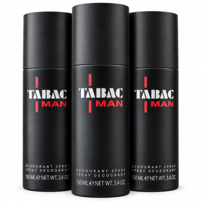 Three 150ml cans of Mäurer & Wirtz Tabac Man Deodorant Spray are arranged side by side against a white background.