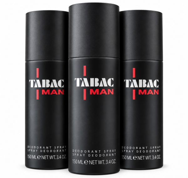 Three 150ml cans of Mäurer & Wirtz Tabac Man Deodorant Spray are arranged side by side against a white background. Three 150ml cans of Mäurer & Wirtz Tabac Man Deodorant Spray are arranged side by side against a white background.