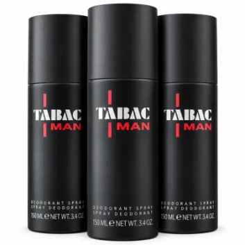 Three 150ml cans of Mäurer & Wirtz Tabac Man Deodorant Spray are arranged side by side against a white background.