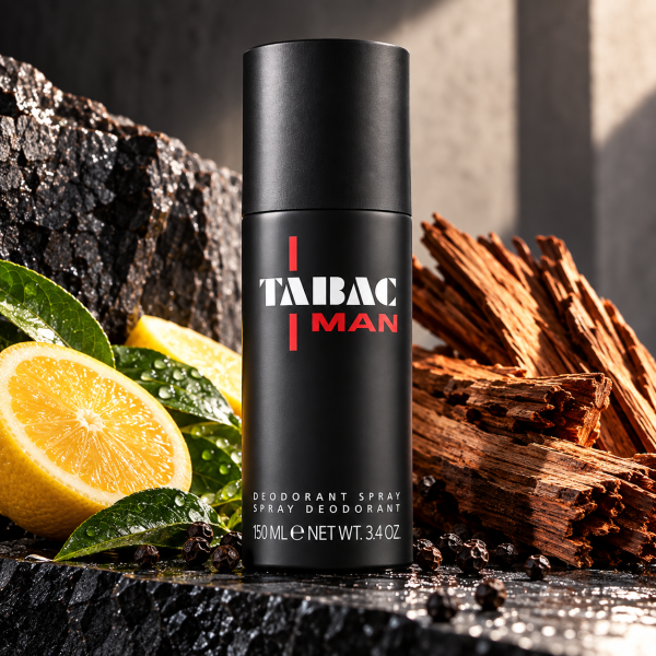 Three cans of Mäurer & Wirtz Tabac Man Deodorant Spray (150ml each) are displayed on a rock, accompanied by fresh citrus slices, green leaves, and pieces of wood arranged nearby.