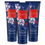 Three bottles of Ted Baker Fusion Electric Body & Hair Wash, 250ml each, featuring a dark blue floral design with red branding on the front.