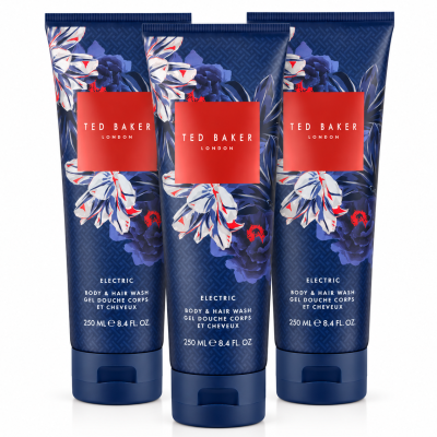 Three bottles of Ted Baker Fusion Electric Body & Hair Wash, 250ml each, featuring a dark blue floral design with red branding on the front.