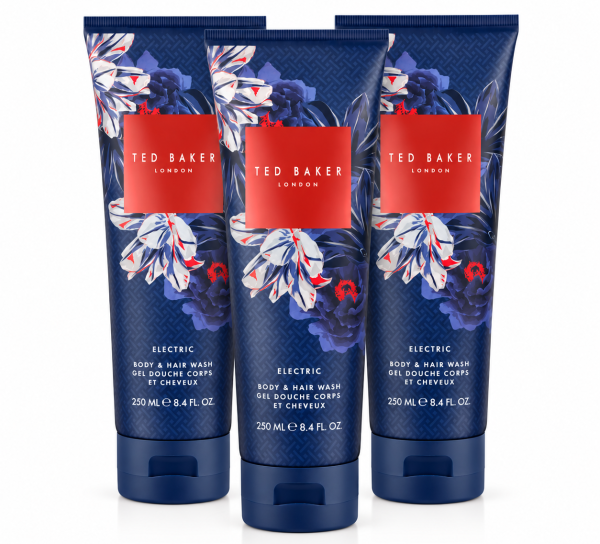 Three bottles of Ted Baker Fusion Electric Body & Hair Wash, 250ml each, featuring a dark blue floral design with red branding on the front.