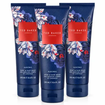 Three bottles of Ted Baker Fusion Electric Body & Hair Wash, 250ml each, featuring a dark blue floral design with red branding on the front.