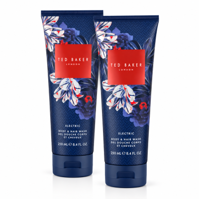 Three bottles of Ted Baker Fusion Electric Body & Hair Wash, 250ml each, featuring a blue floral design with a red label, are standing upright on a white background.