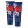 Three bottles of Ted Baker Fusion Electric Body & Hair Wash, 250ml each, featuring a blue floral design with a red label, are standing upright on a white background.