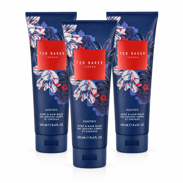 Three bottles of 3x Ted Baker Fusion Electric Body & Hair Wash, 250ml each, featuring packaging with a blue floral design, are standing upright against a white background.