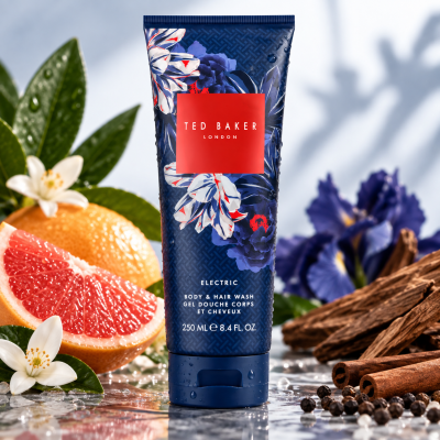 3x Ted Baker Fusion Electric Body & Hair Wash 250ml tubes displayed on a reflective surface, surrounded by grapefruit, orange blossom, cinnamon sticks, green leaves, and purple flowers.
