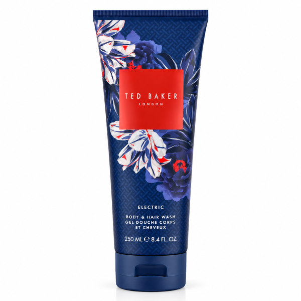 A set of three 250ml tubes of Ted Baker Fusion Electric Body & Hair Wash, each featuring a blue floral design with a red label on the front.