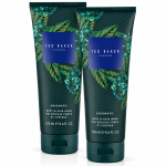Three 250 ml tubes of Ted Baker Fusion Enigmatic Body & Hair Wash with a green patterned design and floral accents are shown standing side by side.
