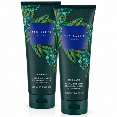 Three 250 ml tubes of Ted Baker Fusion Enigmatic Body & Hair Wash with a green patterned design and floral accents are shown standing side by side.