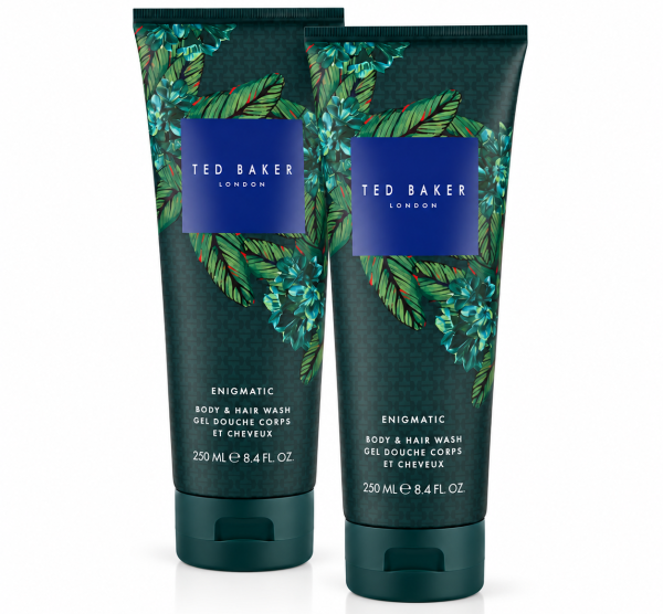Three 250 ml tubes of Ted Baker Fusion Enigmatic Body & Hair Wash with a green patterned design and floral accents are shown standing side by side.