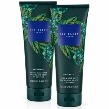Three 250 ml tubes of Ted Baker Fusion Enigmatic Body & Hair Wash with a green patterned design and floral accents are shown standing side by side.