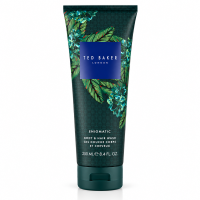A set of 3 Ted Baker Fusion Enigmatic Body & Hair Wash tubes, each 250ml, featuring a floral and leaf design on a dark background.