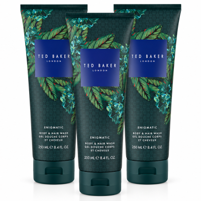 Three bottles of Ted Baker Fusion Enigmatic Body & Hair Wash, 250ml each, featuring a green leaf and blue floral design on the packaging.
