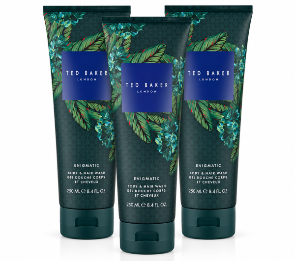 Three bottles of Ted Baker Fusion Enigmatic Body & Hair Wash, 250ml each, featuring a green leaf and blue floral design on the packaging.