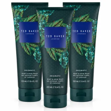 Three bottles of Ted Baker Fusion Enigmatic Body & Hair Wash, 250ml each, featuring a green leaf and blue floral design on the packaging.