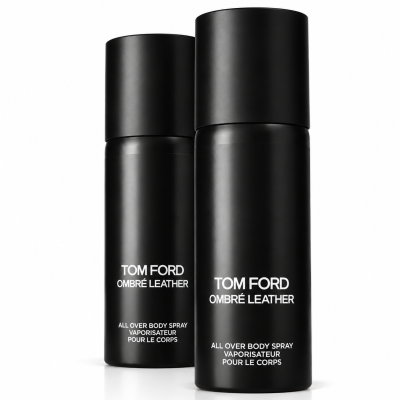 Two black 2x Tom Ford Ombré Leather Body Spray, Unisex, 150ml bottles stand side by side on a white background.