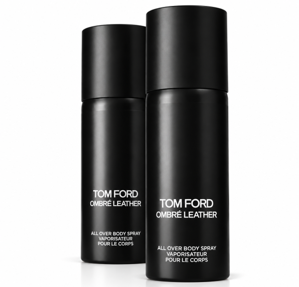 Two black 2x Tom Ford Ombré Leather Body Spray, Unisex, 150ml bottles stand side by side on a white background.