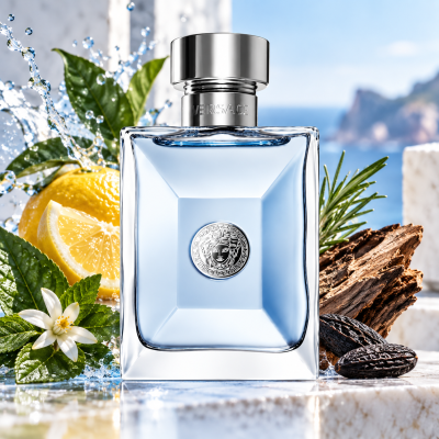 Two bottles of Versace New Homme Deodorant Spray 100ml, featuring vibrant blue liquid, are displayed surrounded by fresh lemon, green leaves, blossoms, wood, and vanilla beans. Water splashes around them with a scenic seaside background.