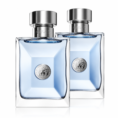 Two bottles of Versace New Homme Deodorant Spray (100ml each), with silver caps and light blue liquid, featuring a Medusa emblem on the front, set against a white background.
