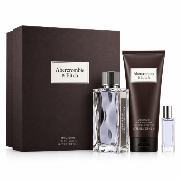 Abercrombie & Fitch First Instinct Gift Set for Men featuring eau de toilette bottles, a shower gel tube, and all items presented in brown and clear packaging.