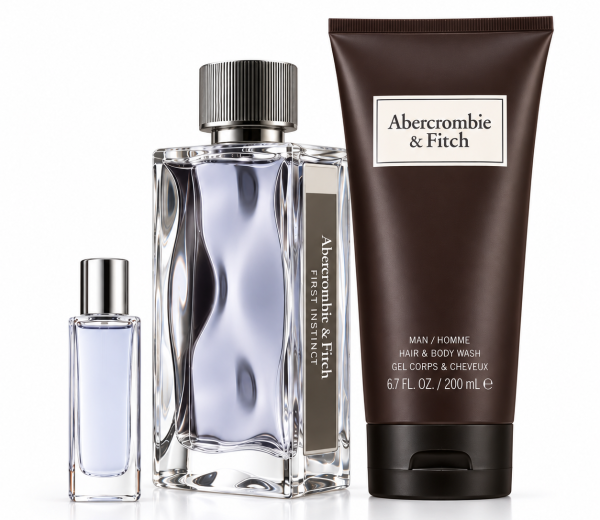 The Abercrombie & Fitch First Instinct Gift Set for Men—featuring two eau de toilette bottles in different sizes and a brown tube of shower gel—is displayed upright on a white background. The Abercrombie & Fitch First Instinct Gift Set for Men—featuring two eau de toilette bottles in different sizes and a brown tube of shower gel—is displayed upright on a white background.