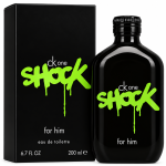 Calvin Klein CK One Shock EDT 200ml Spray for Men featuring a black perfume bottle and its rectangular box, both labeled with bright green graffiti-style text reading “SHOCK” and “for him.”