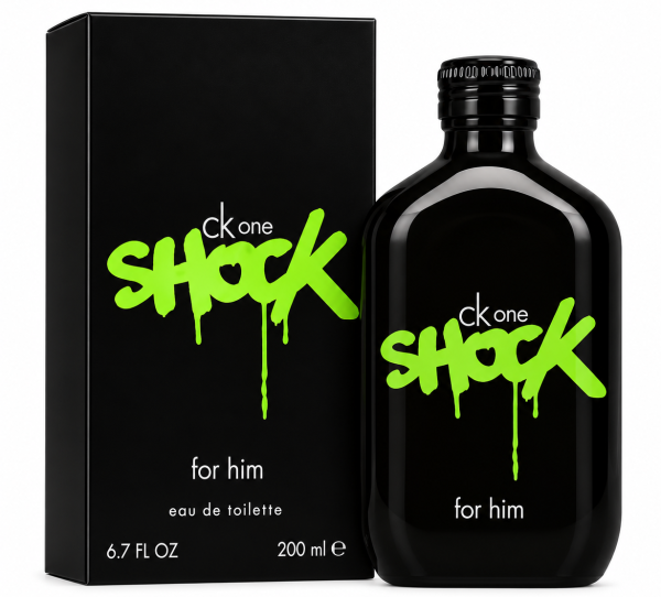Calvin Klein CK One Shock EDT 200ml Spray for Men featuring a black perfume bottle and its rectangular box, both labeled with bright green graffiti-style text reading “SHOCK” and “for him.”