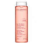 A 200ml bottle of Clarins Cleansing Micellar Water, featuring pink liquid and a white flip-top cap.