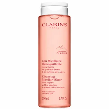 A 200ml bottle of Clarins Cleansing Micellar Water, featuring pink liquid and a white flip-top cap.