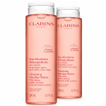 Two bottles of pink 3x Clarins Cleansing Micellar Water 200ml, each with a white cap and front labels printed in English and French.