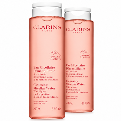 Two bottles of pink 3x Clarins Cleansing Micellar Water 200ml, each with a white cap and front labels printed in English and French.