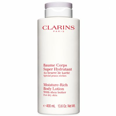 A tall white bottle of Clarins Moisture-Rich Shea Butter Body Lotion 400ml with a light purple cap.