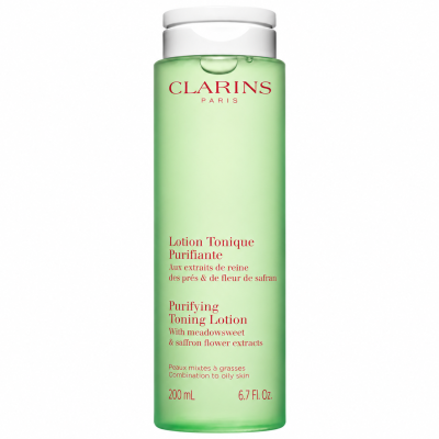 3x Clarins Purifying Toning Face Lotion 200ml, a cylindrical light green facial toner bottle with a white cap.