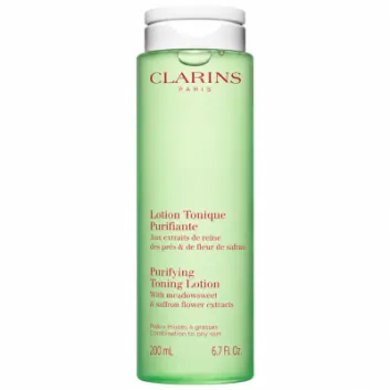 3x Clarins Purifying Toning Face Lotion 200ml, a cylindrical light green facial toner bottle with a white cap.