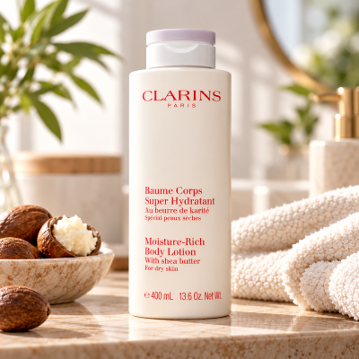 A bottle of 3x Clarins Moisture-Rich Shea Butter Body Lotion 400ml standing on a marble countertop next to a bowl of shea nuts and a white towel.