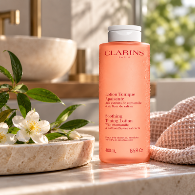 A 400ml bottle of Clarins Soothing Toning Face Lotion, featuring a peach-colored formula with chamomile and saffron flower extracts, sitting on a marble countertop next to white flowers.