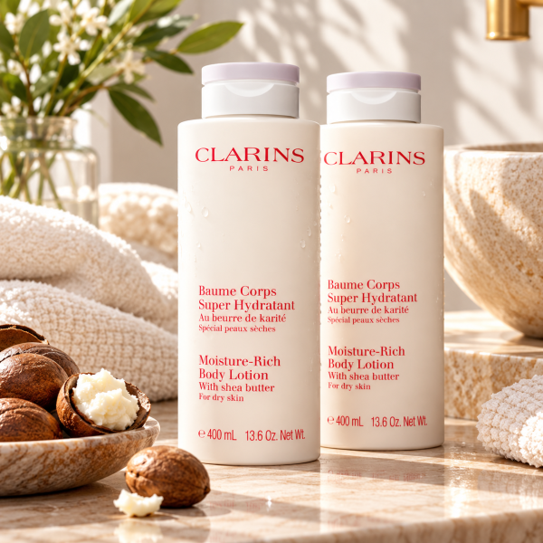 Two bottles of 3x Clarins Moisture-Rich Shea Butter Body Lotion 400ml next to a small bowl of shea nuts on a marble countertop.