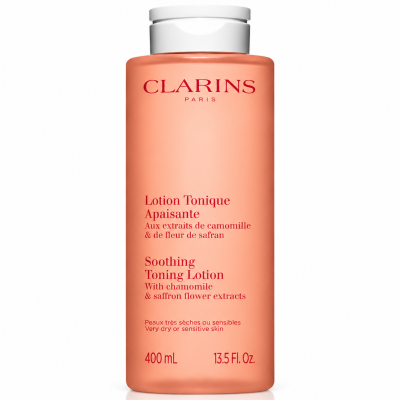 A 400ml bottle of 3x Clarins Soothing Toning Face Lotion for very dry or sensitive skin.