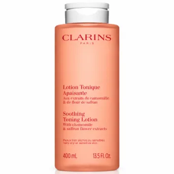 A 400ml bottle of 3x Clarins Soothing Toning Face Lotion for very dry or sensitive skin.