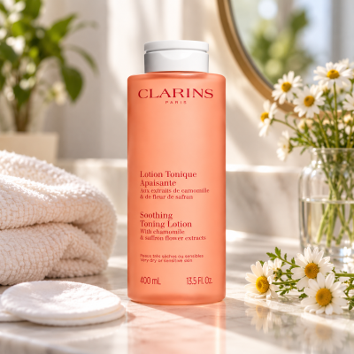 A bottle of 2x Clarins Soothing Toning Face Lotion 400ml for sensitive skin sits on a marble countertop next to daisies and a white washcloth.