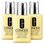 Three bottles of 3x Clinique Dramatically Different Moisturizing Gel, Combination/Oily 125ml arranged side by side on a white background.