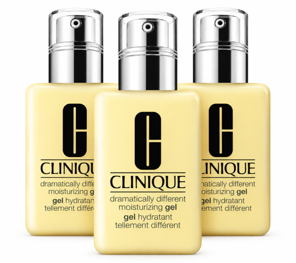 Three bottles of 3x Clinique Dramatically Different Moisturizing Gel, Combination/Oily 125ml arranged side by side on a white background.